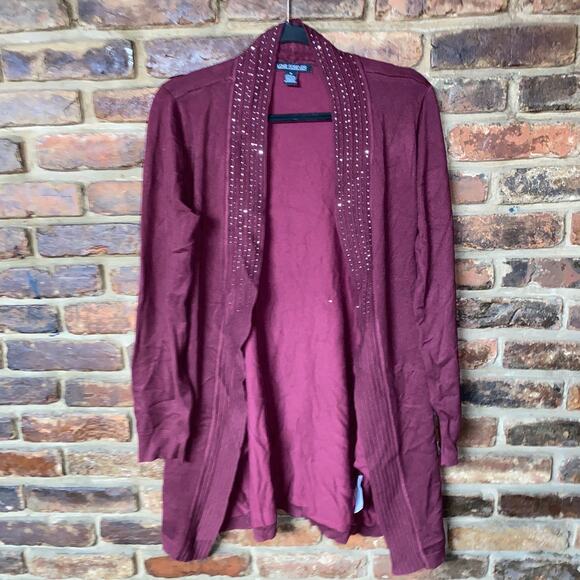 Love Forever Maroon Red Embellished Open Front Cardigan Sweater Size Medium - Picture 1 of 5